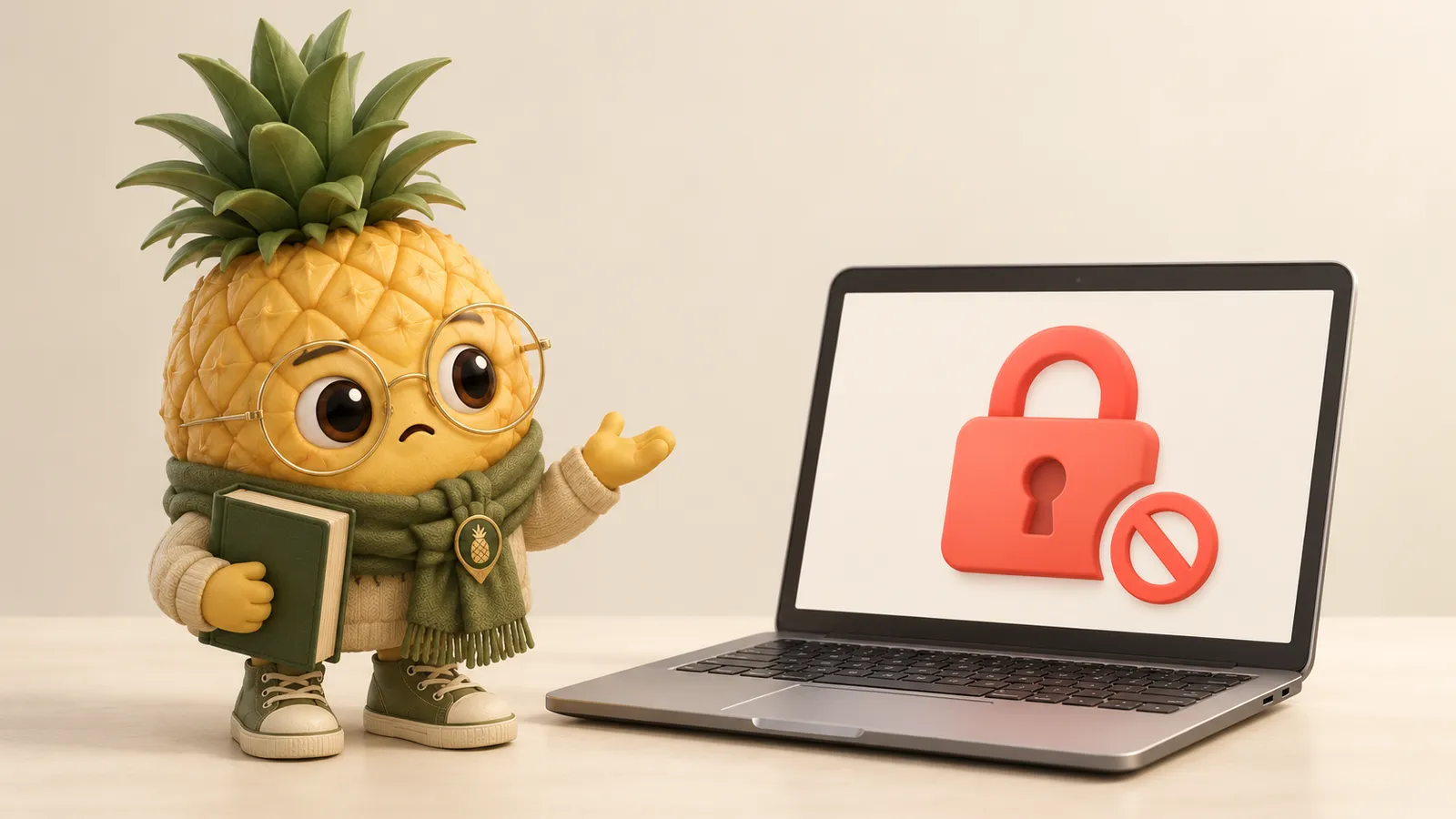 A pineapple character holding a book beside a laptop showing a padlock and a no-entry symbol